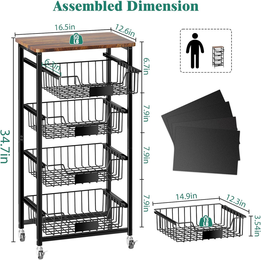 5-Tier Vegetable Fruit Basket Kitchen Storage Rolling Cart on Wheels with Pull-O