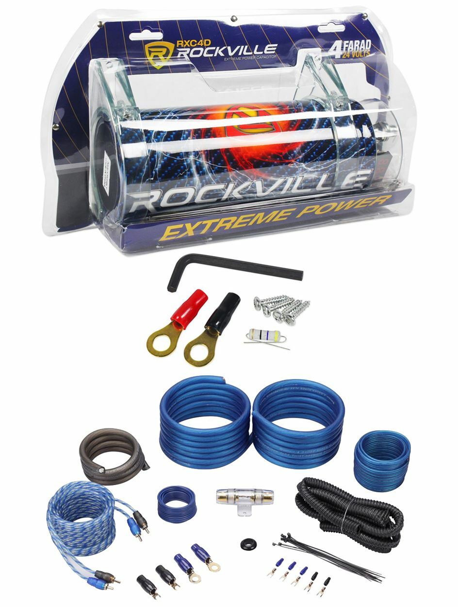 Rockville RXC4D 4 Farad/12 Volt Digital Power Capacitor+RWK41 4 AWG Amp Wire Kit