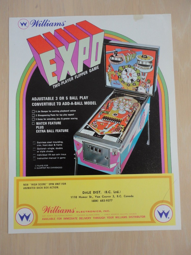 Expo Pinball Machine Flyer Original Williams Brochure