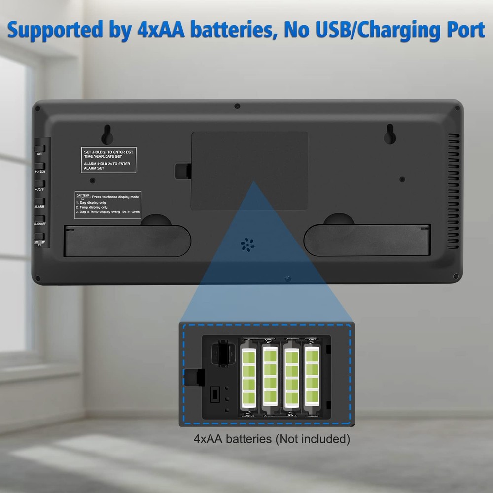 WallarGe 14.5'' Digital Clock: Jumbo Display, Temp, Date, Easy Set & DST