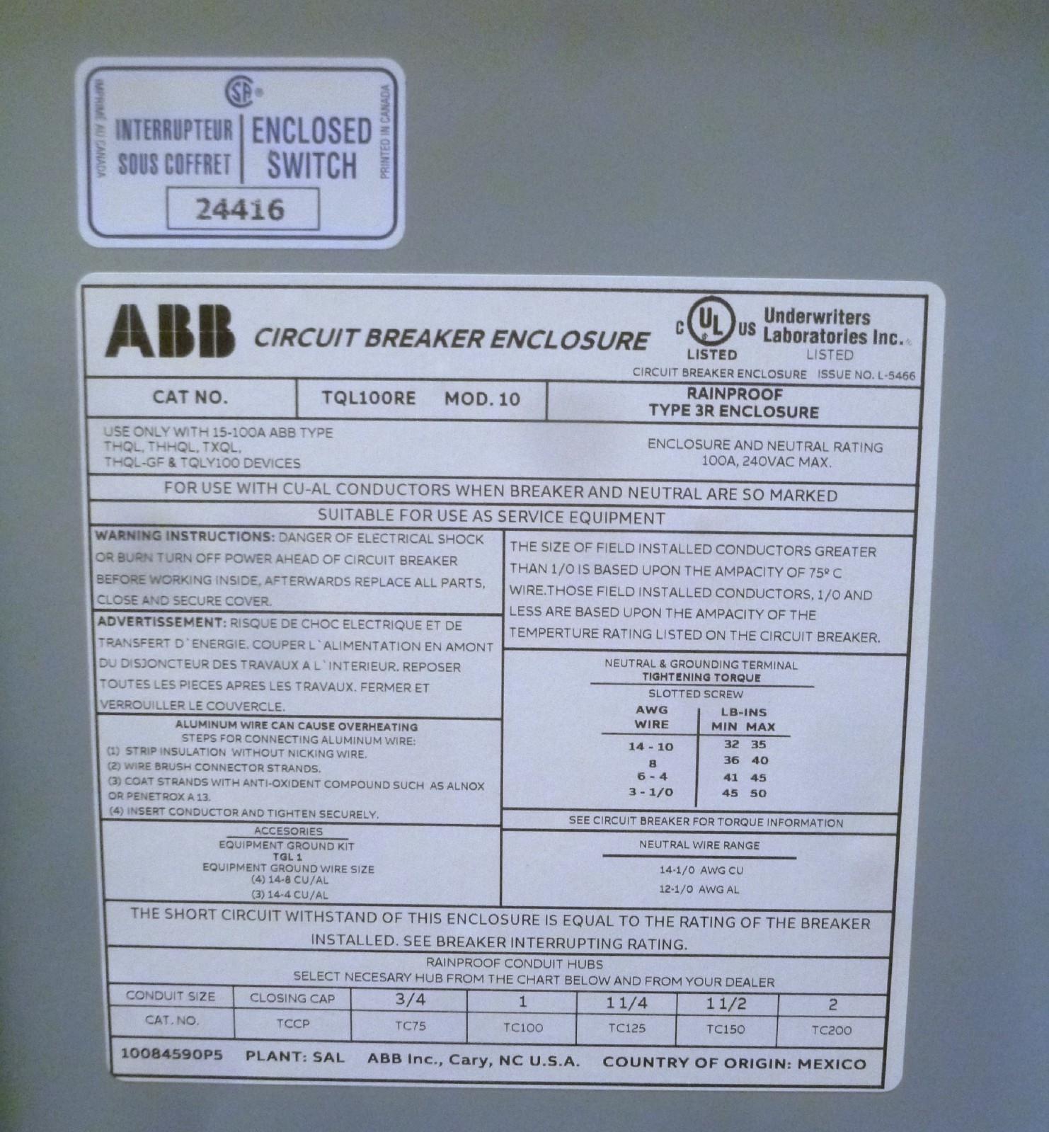 ABB 100 Amp Outdoor Circuit Breaker with Enclosure TQL100RE