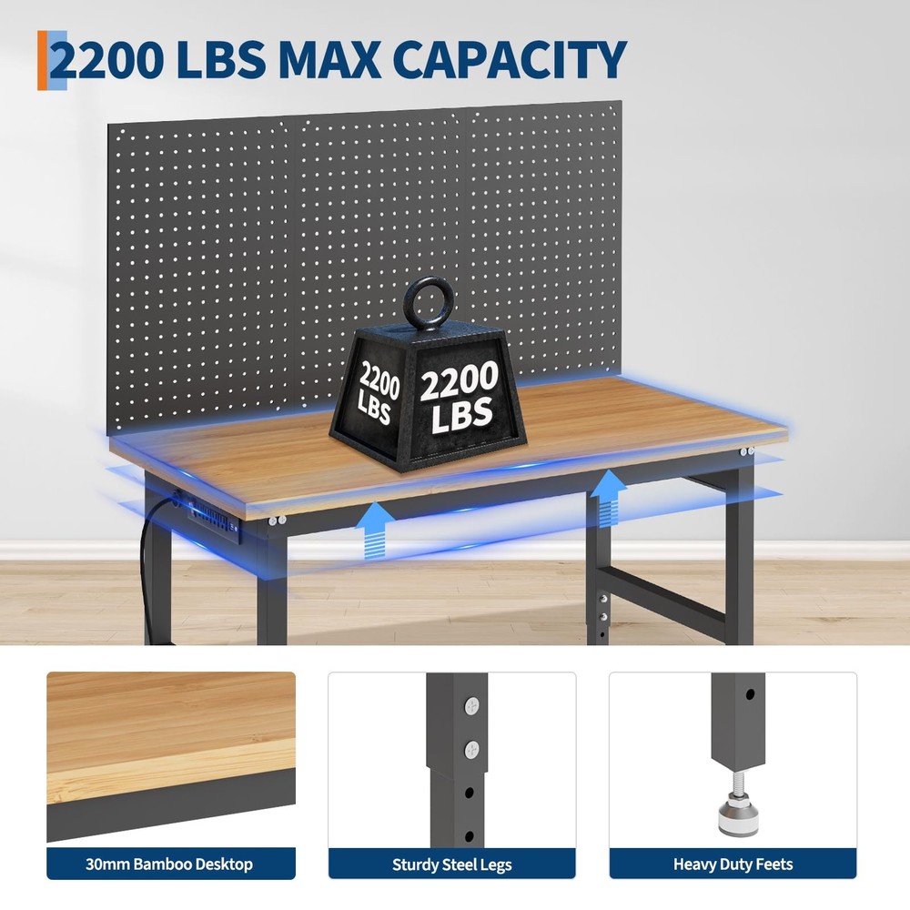 Heavy Duty 60in Workbench Adjustable Height Pegboard Table with Power Outlets