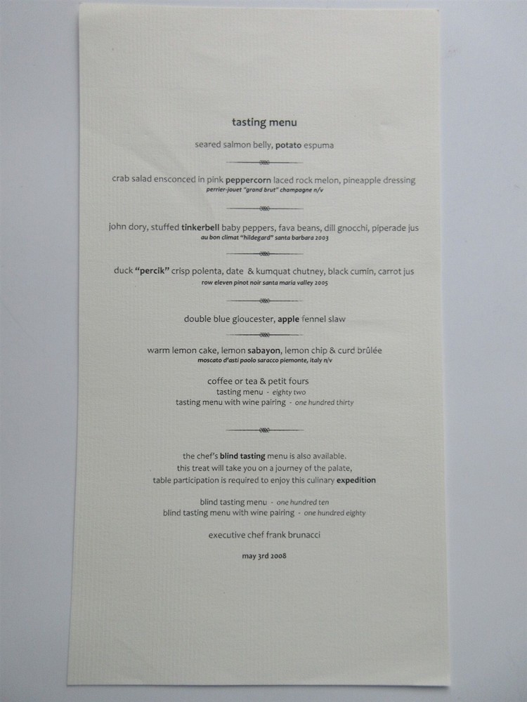 Chef Frank Brunacci tasting Menu The Breakers FL May 3 2008
