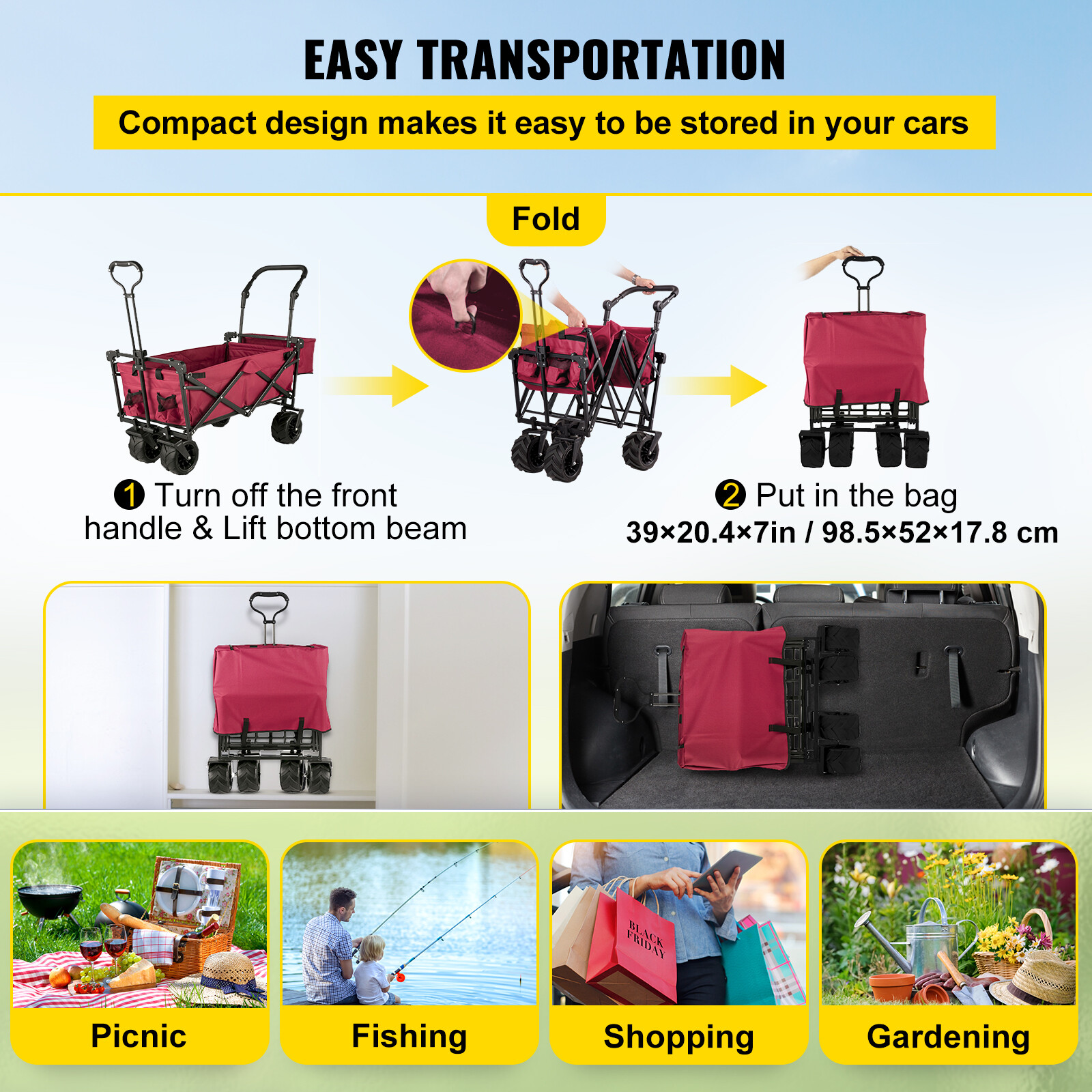 VEVOR Folding Wagon Cart Collapsible Garden Cart w/Canopy 220lbs Capacity Beach