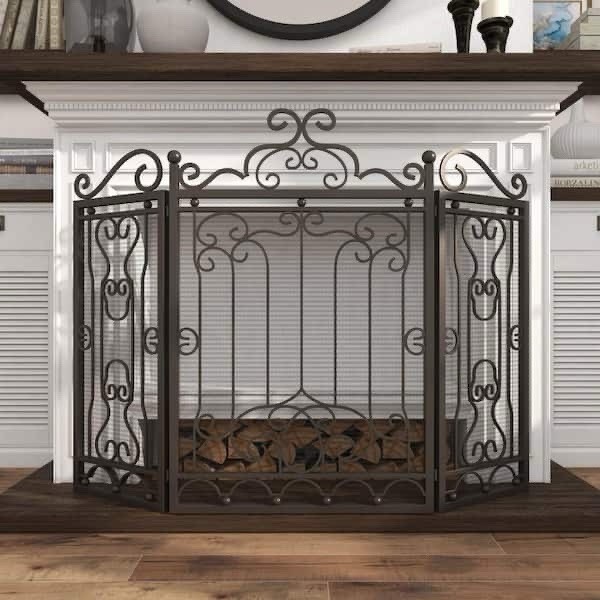 Brown Metal Scroll Foldable Mesh Netting 3 Panel Fireplace Screen 38" X 48"