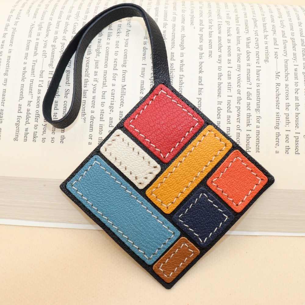 Handcrafted Multicolor Leather Geometric Art Bag Charm, Patchwork Design,Style B