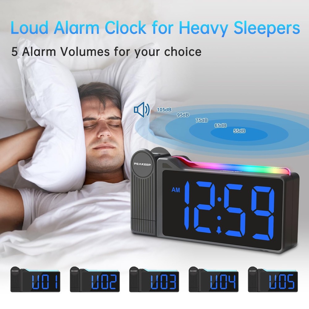 Peakeep Projection Alarm Clock for Large, Multi-color; Blue