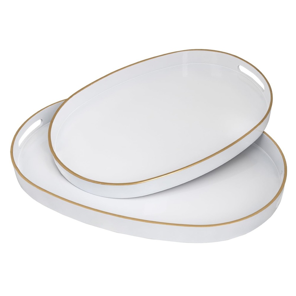 White Oval Decorative Nesting Serving Tray Set Handles Plastic Ottoman 2 PCS