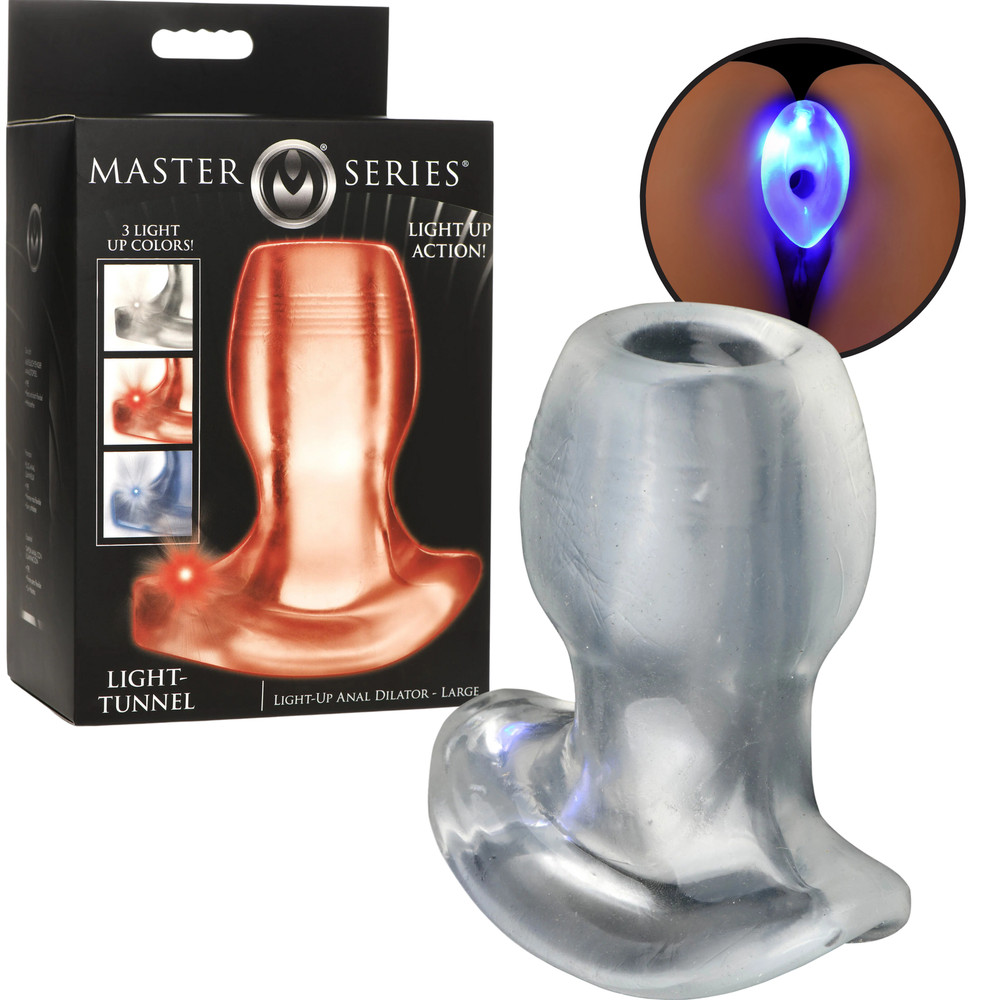 Light-Up LED Anal Dilator Clear Butt Plug Flared Base Open Deep Access Tunnel