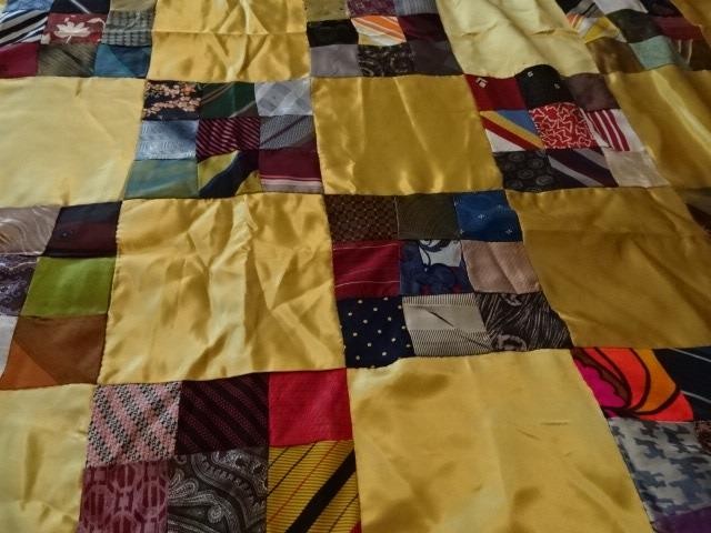 Vtg Handmade Quilt top-61" x 48" 9 patch blocks&silky gold solid-using men ties