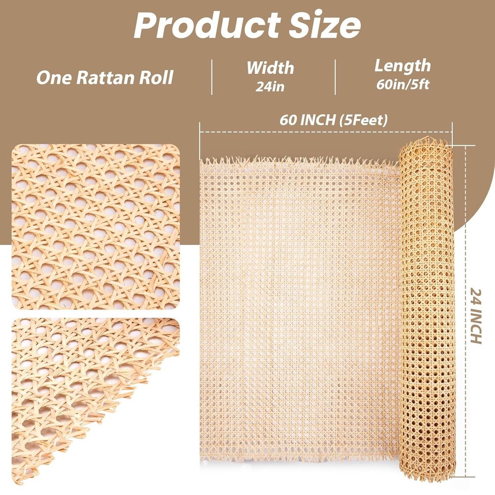 24" x5FT Width Rattan Natural Cane Webbing, Rattan Roll Cane Webbing Roll for Ca