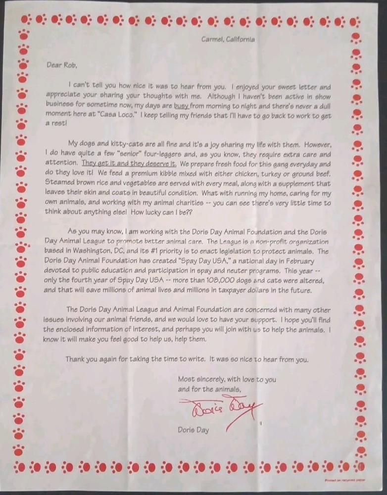 Doris Day Signed Letter