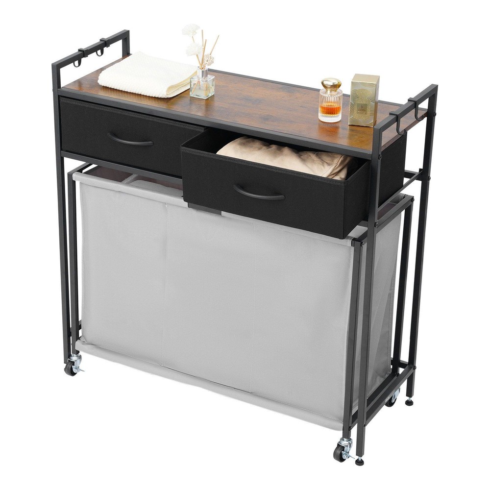 Section Laundry Sorter, Rolling Laundry Hamper with 2 Drawers, Hooks & W