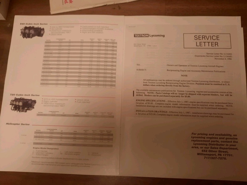 1996 Lycoming Data Pak Service Bulletins