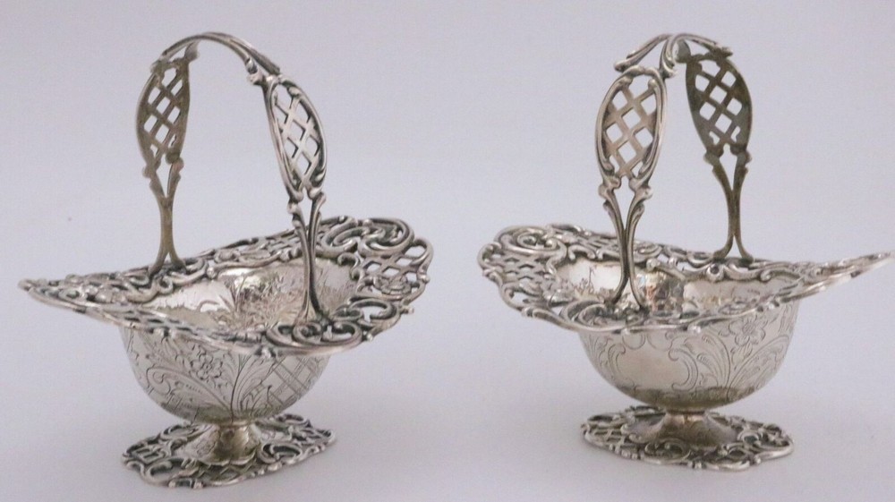 Pair Antique Sterling Silver Sugar Baskets w/ Handles, Engraved Pattern – Heavy