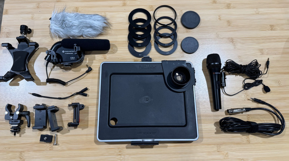 Complete Padcaster iPad Recording Setup with Smooth Tripod, Mics, and Backpack