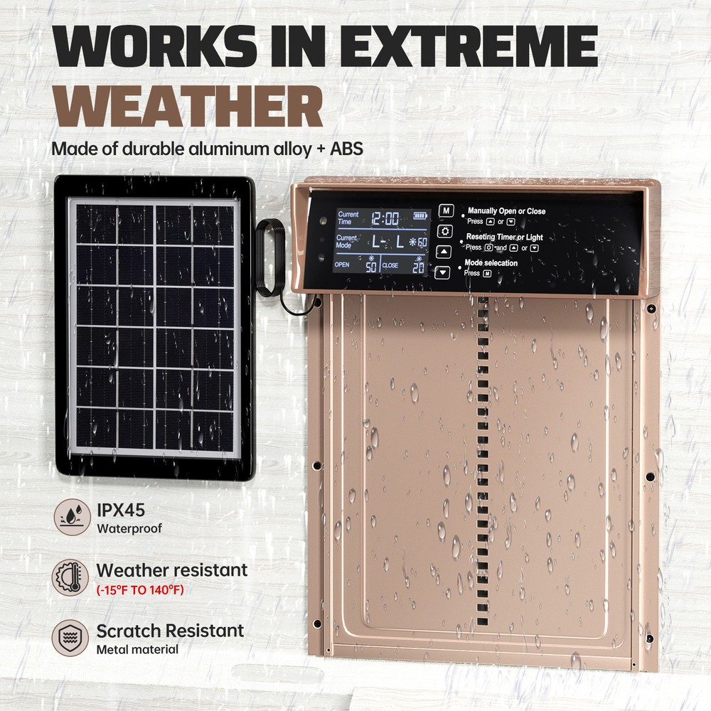 Solar Automatic Chicken Coop Door with Anti-Pinch Timer Light Sensor LCD Display