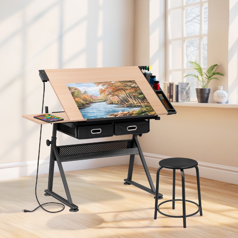 Drafting Table Drawing Adjustable Craft Desk Tabletop w/Stool & Drawers Natural