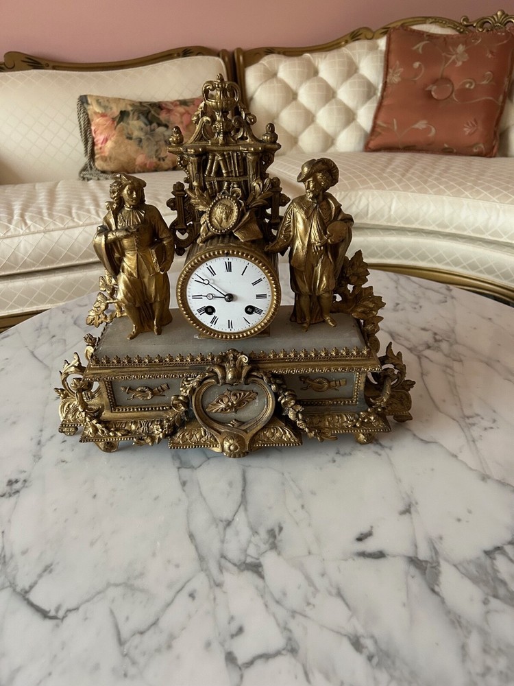 French Romantic  Gilded Table clock double statue painter poet  alabaster base