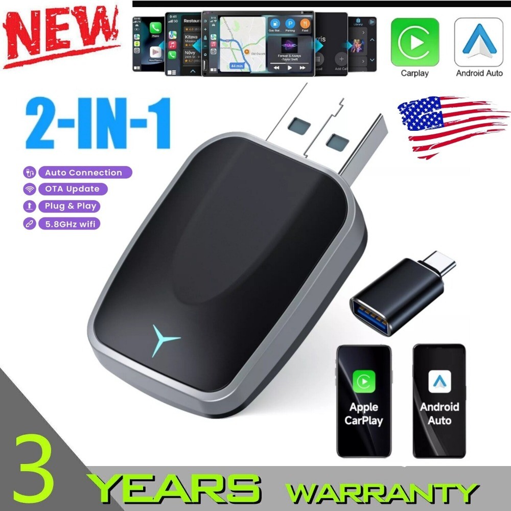 2-in-1 Wired to Wireless CarPlay Adapter /Android Auto Adapter Plug & Play US