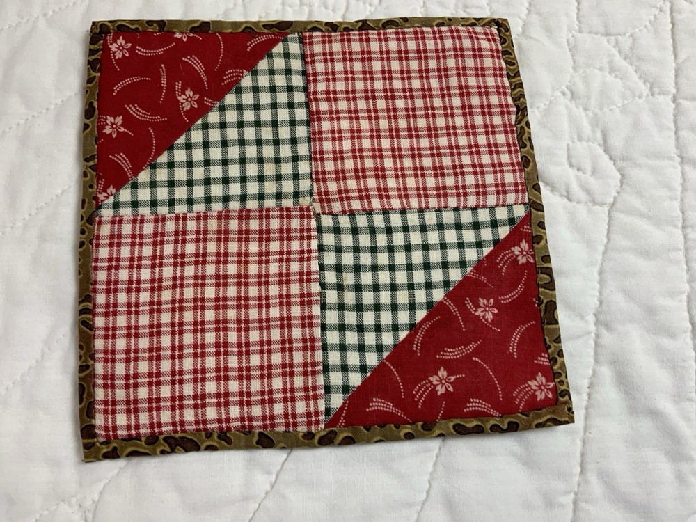 Antique Patchwork Quilt Table Topper, Four Patch, Early Calicos, Checks, Red