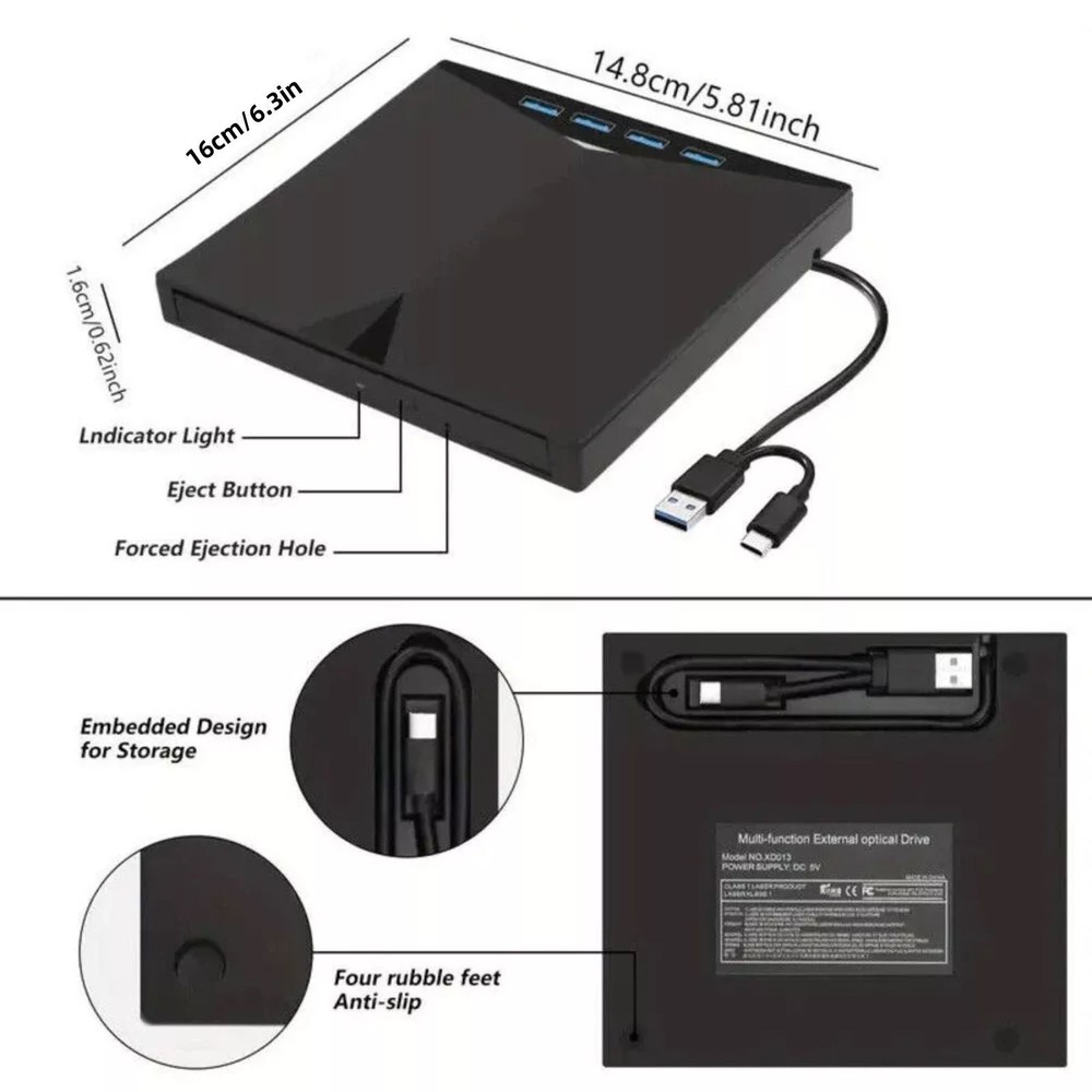 Plug-and-Play External CD DVD Drive PC Laptop Burner Reader Writer USB 3.0