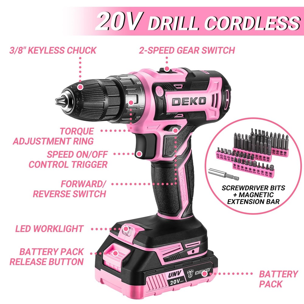 Pink Power Drill Tool Kit Set: 20V Cordless Electric Drill, Driver,