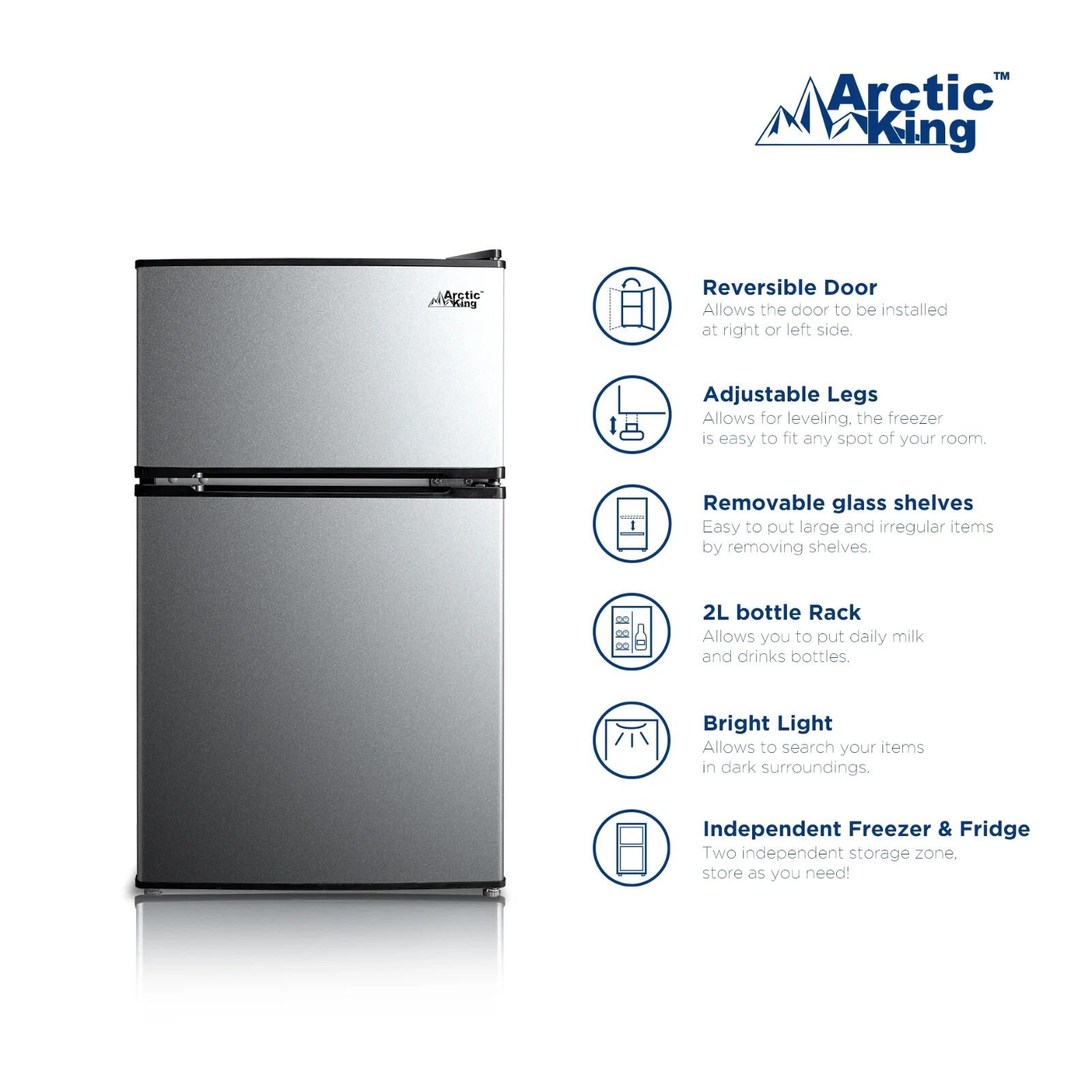 Arctic King 3.2 Cu ft Two Door Mini Fridge with Freezer, Stainless Steel, E-Star