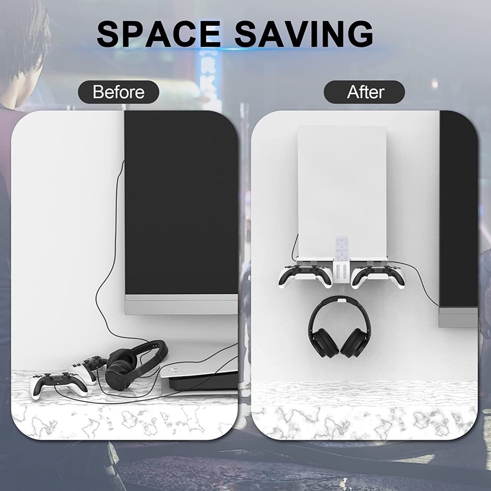 PS5 Metal Wall Mount Holder w/ Controller Headset Hanger Remote Box Charge Cable