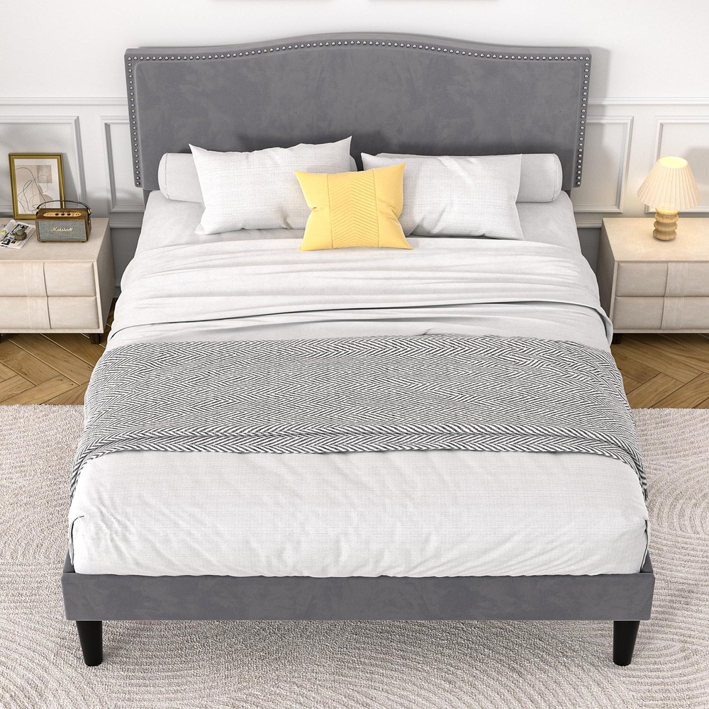 Full Bed Frame, Platform Bed Frame with Adjustable Height Upholstered Headboa...