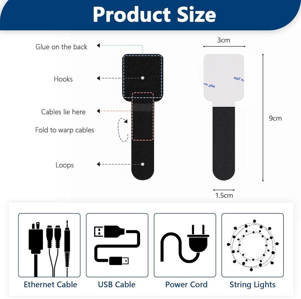 50 PCS Hook and Loop Cable Ties, Under Desk Cable Management Self Adhesive Cable