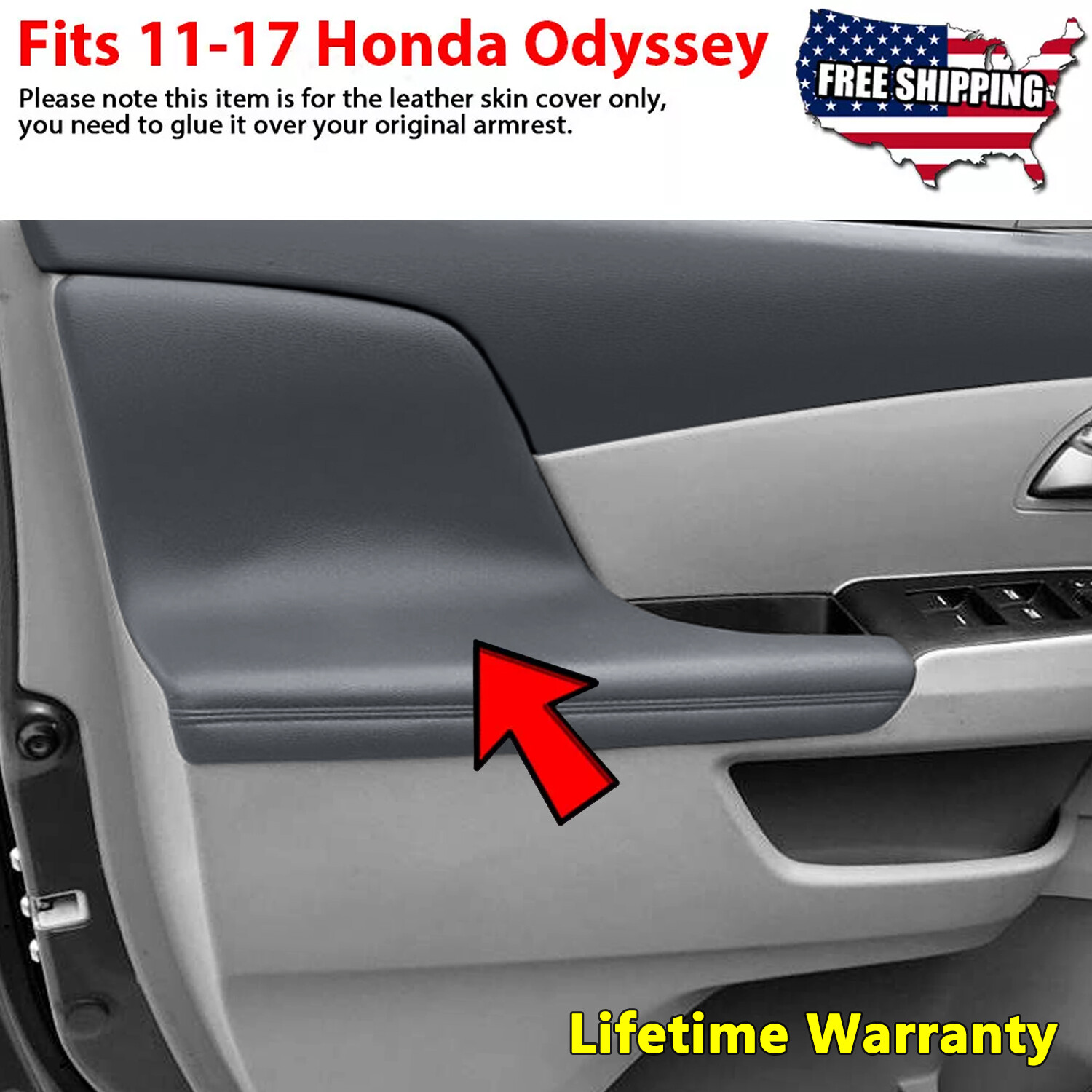 Pair Fits 2011-2016 2017 Honda Odyssey Door Panels Armrest Vinyl Cover Trim Gray