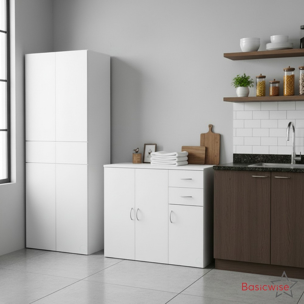 Basicwise Set of Buffet Table with Drawers Plus Cabinet with Compartments, White