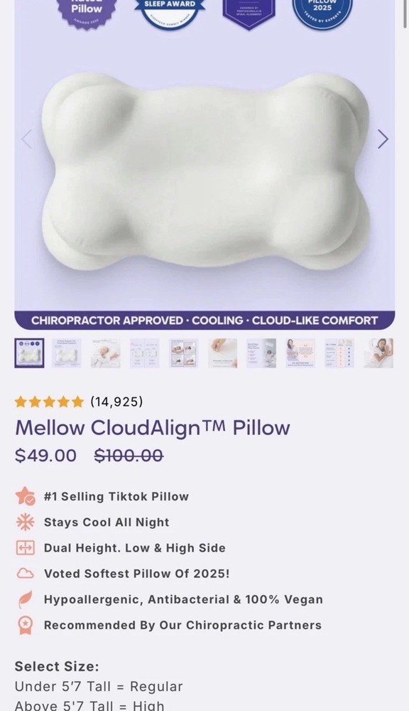 Mellow CloudAlign™ Cooling Hypoallergenic Antibacterial Bed Pillow
