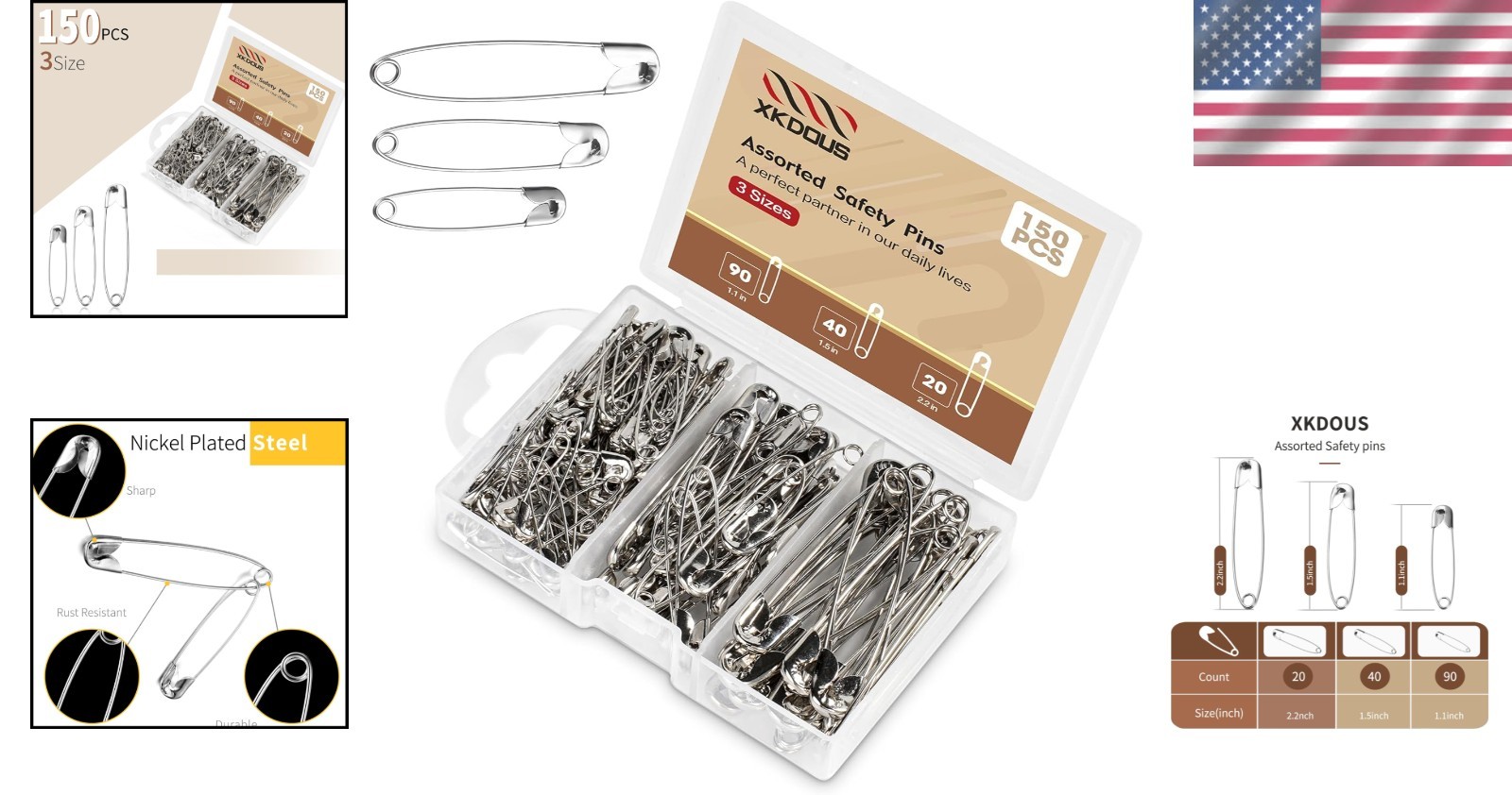 Safety Pins - 150 Pcs Assorted Sizes Silver Pins Bulk - Small & Large Heavy Duty