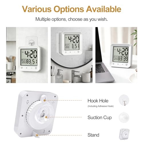Shower Clock Waterproof, Bathroom Digital Clock with Timer, LCD 5.5 Inch White