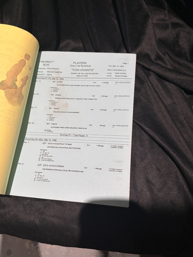 Players - "Con Vivants" Episode, original on-set script
