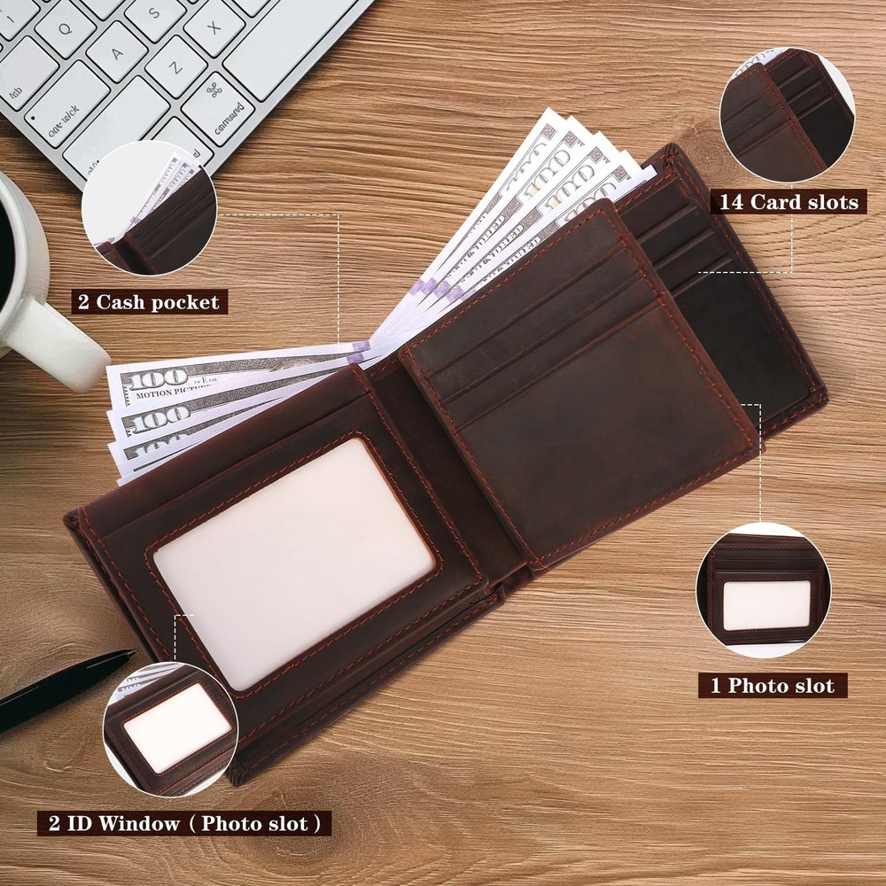 Mens Bifold Genuine Leather Large Wallet，Large capacity RFID Blocking Wal