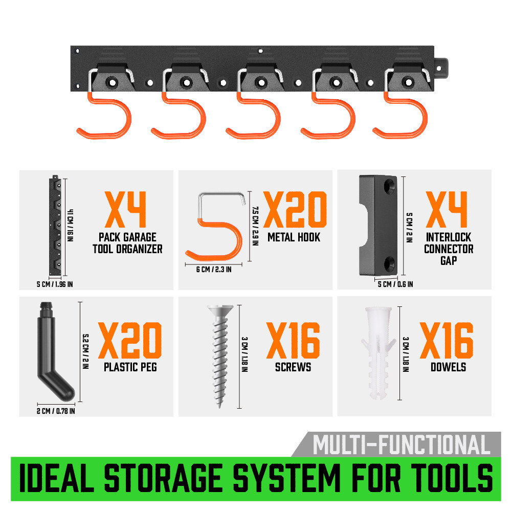 64 Inch Adjustable Storage System Wall Holders Garage Organizer 4 Rails 20 Hooks