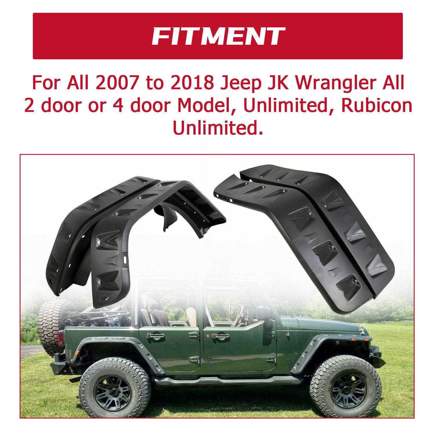 For 07-18 Jeep Wrangler JK Pocket Rivet Style Smooth Fender Flares w/LED 4PCS