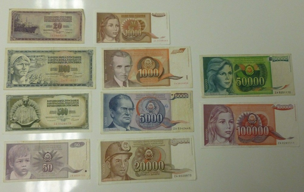 Yugoslavia Collection 10 Different Dinara Banknotes All ZA Replacement Serials