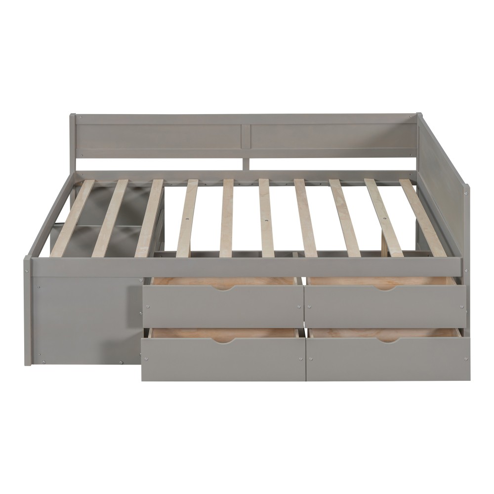 Full Size Daybed w/ Drawers & Shelves, Solid Wood Frame, Gray