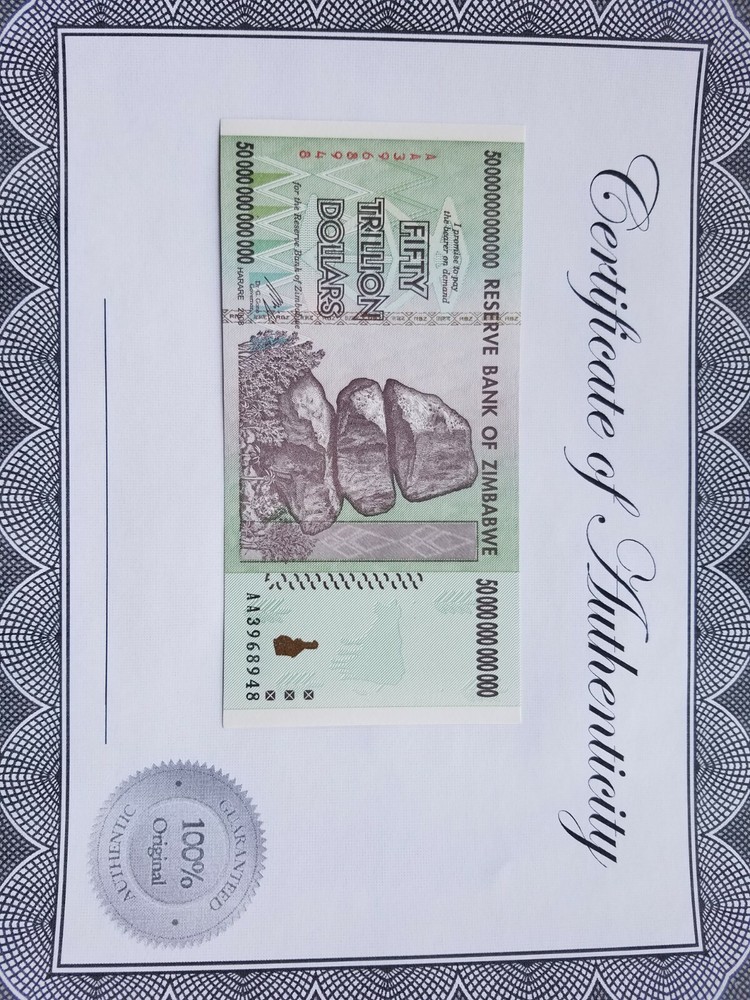 ZIMBABWE 50 TRILLION WITH COA! UNCIRCULATED! 100% GENUINE! SEQUENTIAL!
