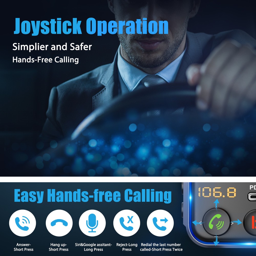 LENCENT Bluetooth 5.0 Car Wireless FM Transmitter Adapter 2 USB PD Charger