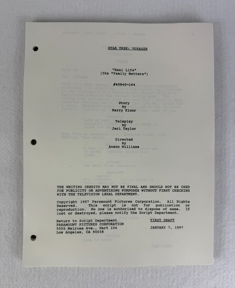 Star Trek Voyager “Real Life” First Draft Original Studio Script 01/07/1997