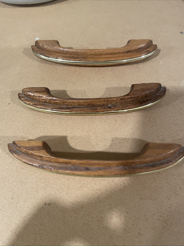 3 RARE 1970-80s Vintage SINGLE Solid Wood Oak with Gold Insert Drawer Pull 6”