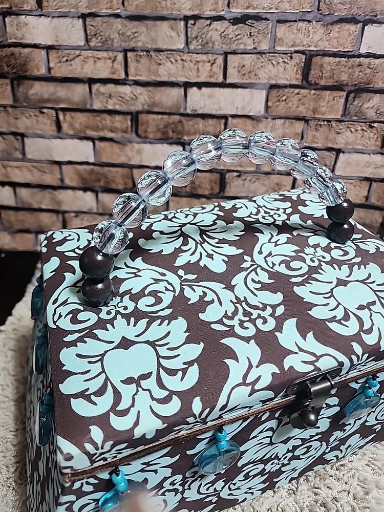ST JANE LARGE CLOTH PADDED SEWING BOX W/BEADED HANDLE BROWN/TEAL RECTANGLE