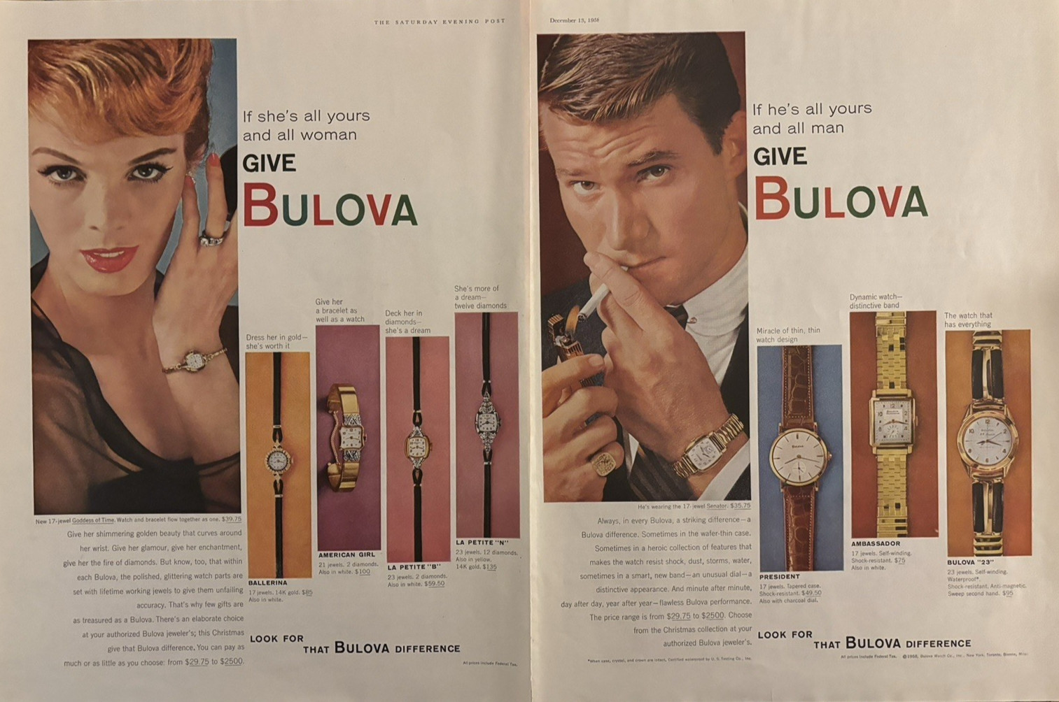 1958 Bulova Watches Models 17 Jewel Goddess Of Time Senator VTG Print Ad