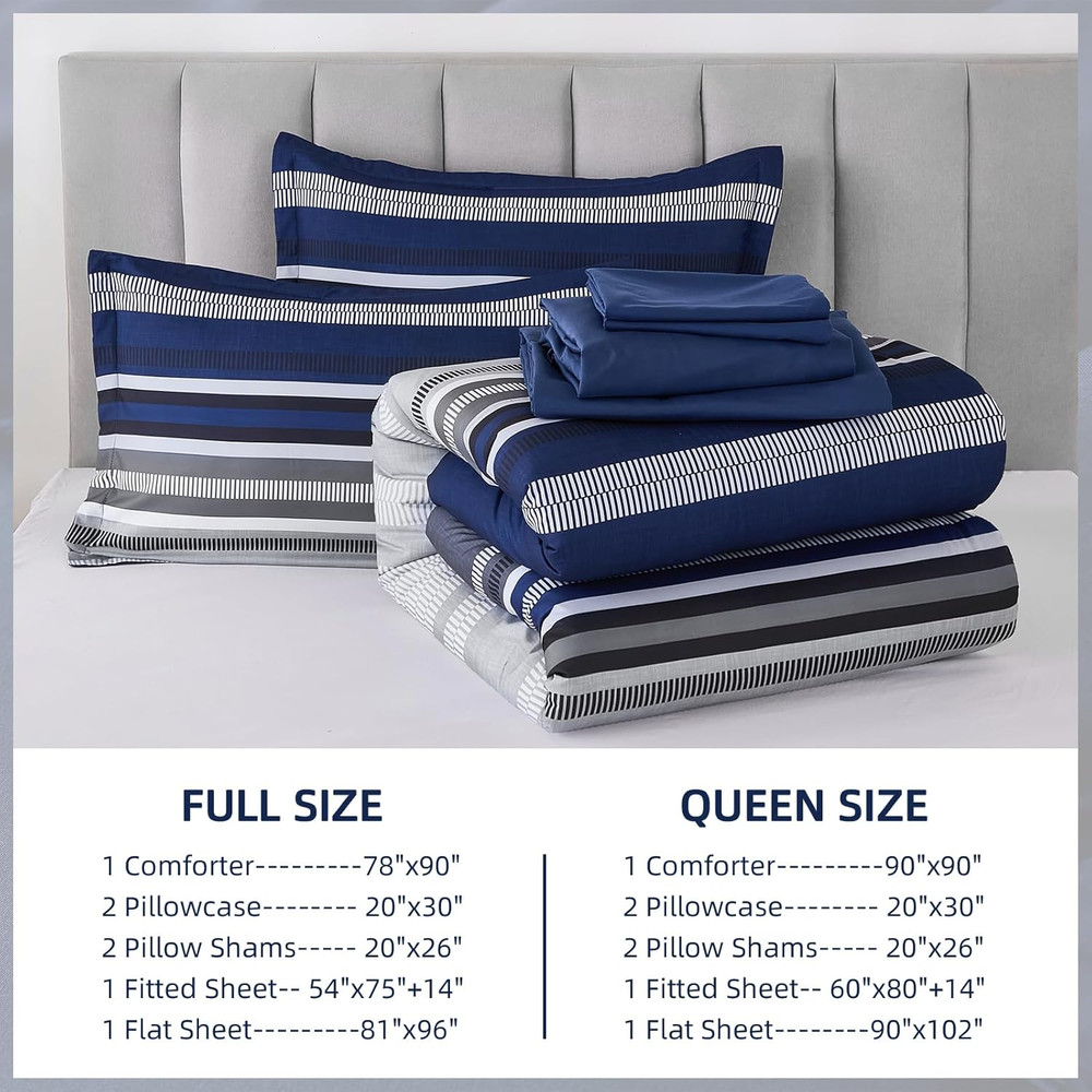 Navy Blue Queen Comforter Set 7 Pieces, Boho Striped Bed in a Bag Queen Size Sof