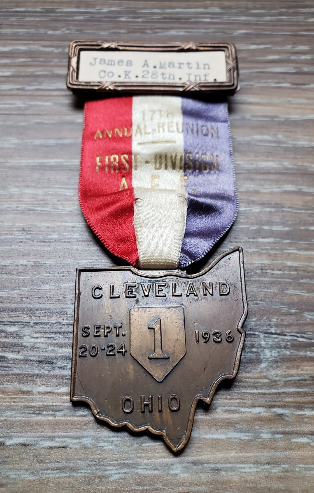 🔥RARE ORIG'L WWI 1ST DIVISION REUNION MEDAL CO K 28TH INF BLACK LIONS CANTIGNY